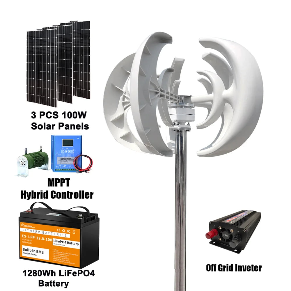 3000W 12V/24V Wind Turbine Solar Panels Battery 220V Inverter