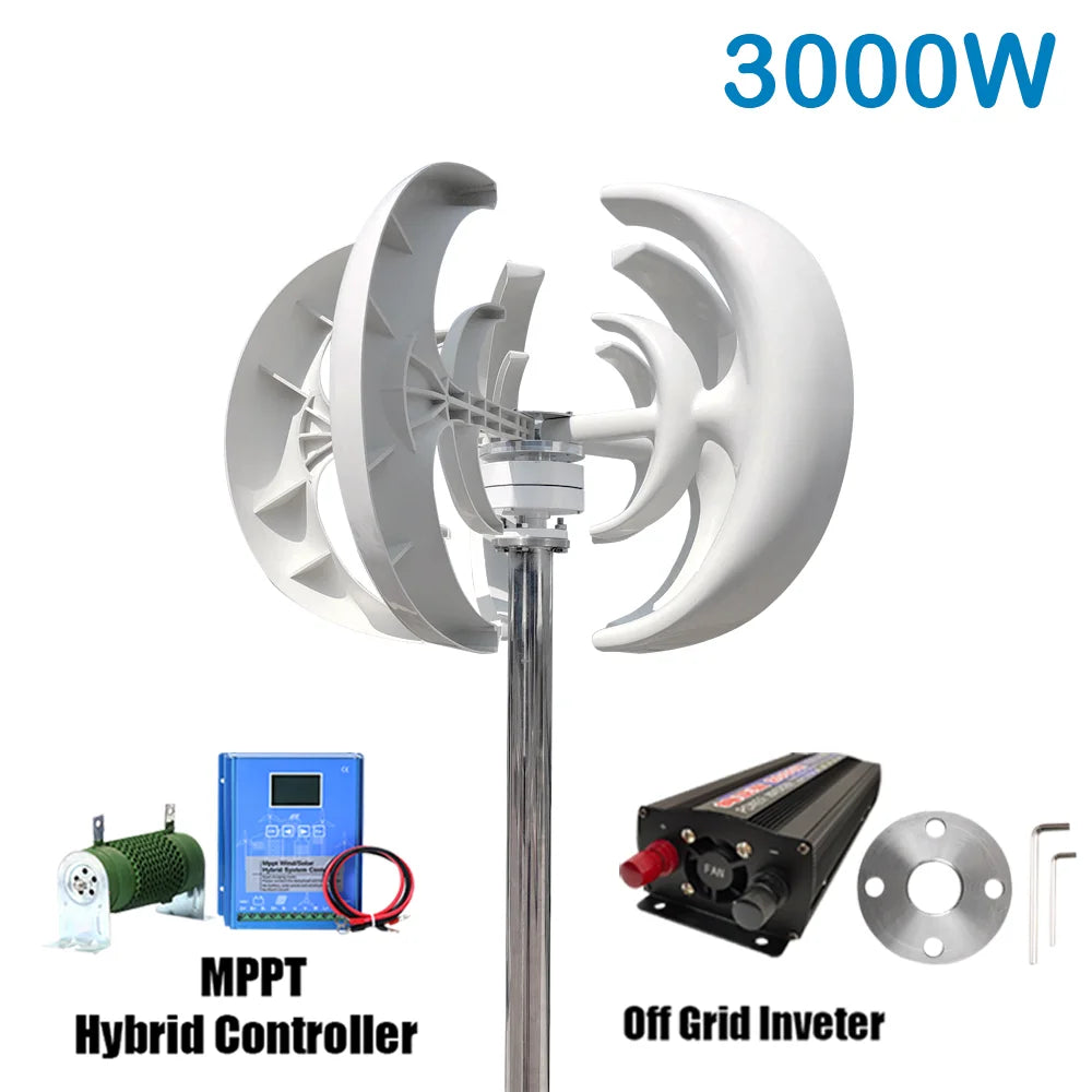 3000W 12V/24V Wind Turbine Solar Panels Battery 220V Inverter
