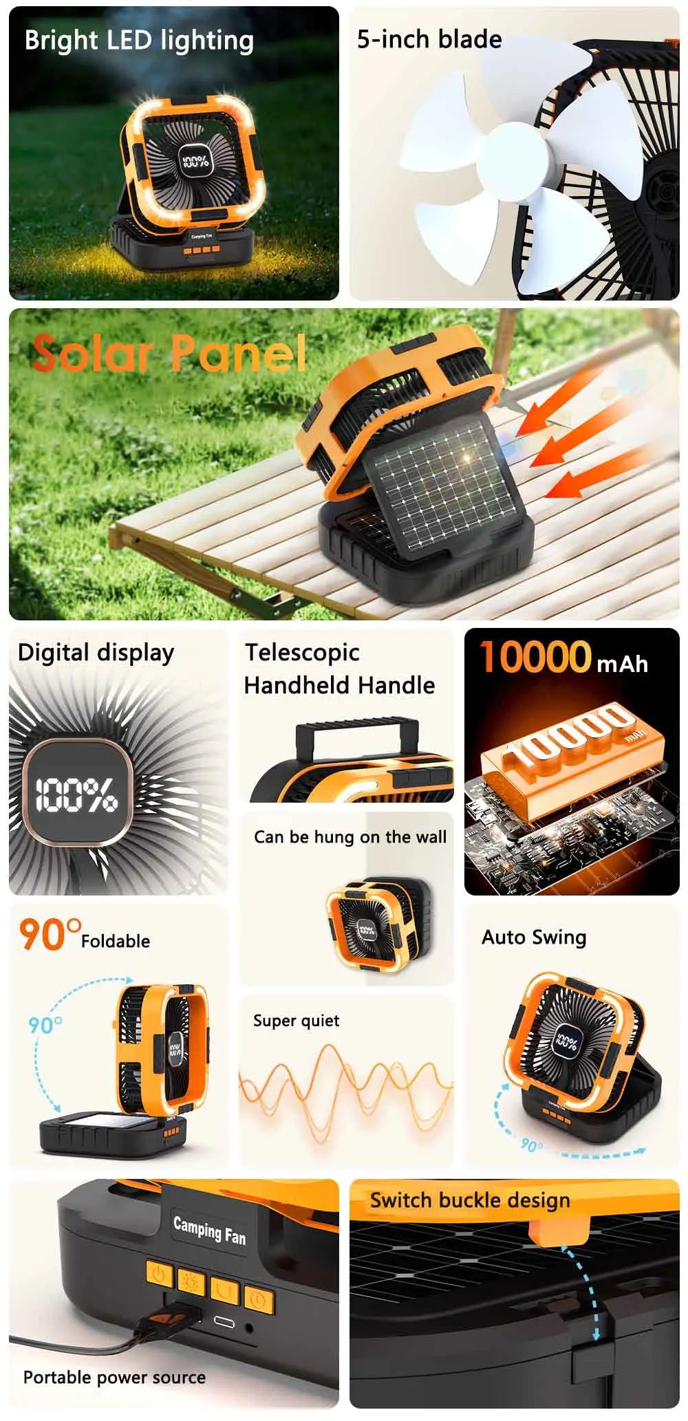 Solar Portable Electric Fan with LED Lights
