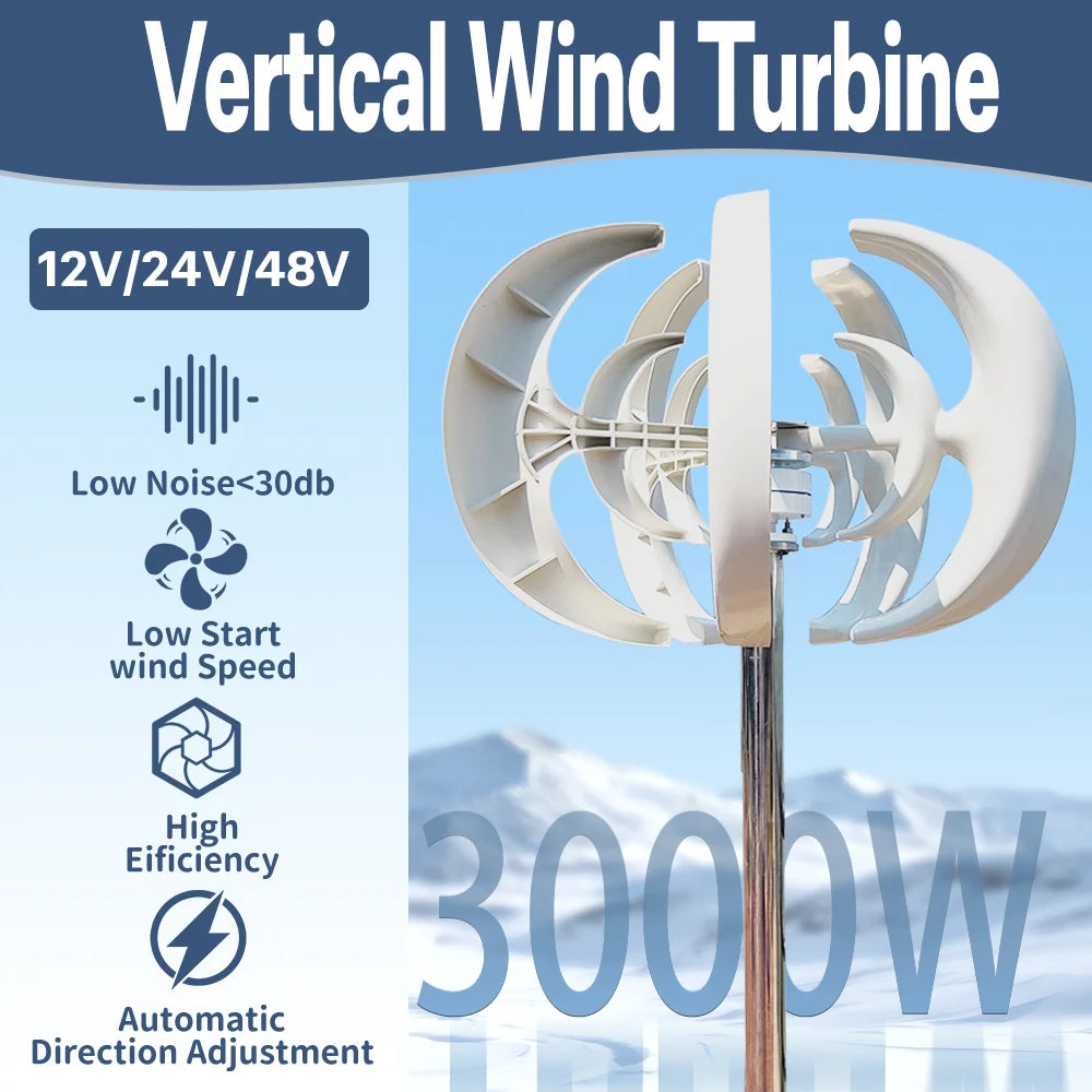 3000W 12V/24V Wind Turbine Solar Panels Battery 220V Inverter