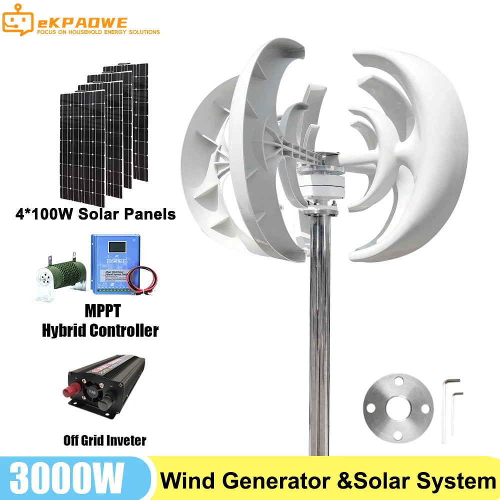 3000W 12V/24V Wind Turbine Solar Panels Battery 220V Inverter