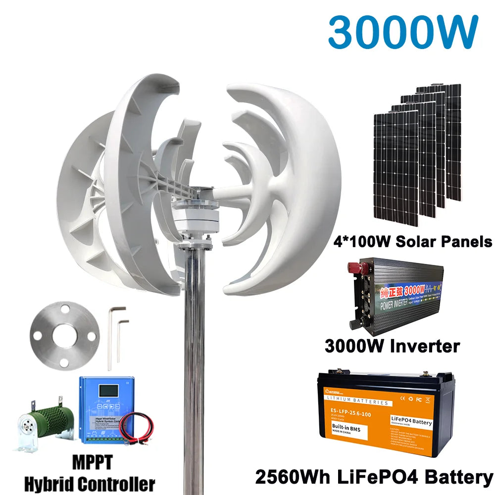 3000W 12V/24V Wind Turbine Solar Panels Battery 220V Inverter